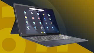 Paras kannettava opiskelijalle -listan Lenovo IdeaPad Duet 5 Chromebook keltaisella TechRadar-taustalla
