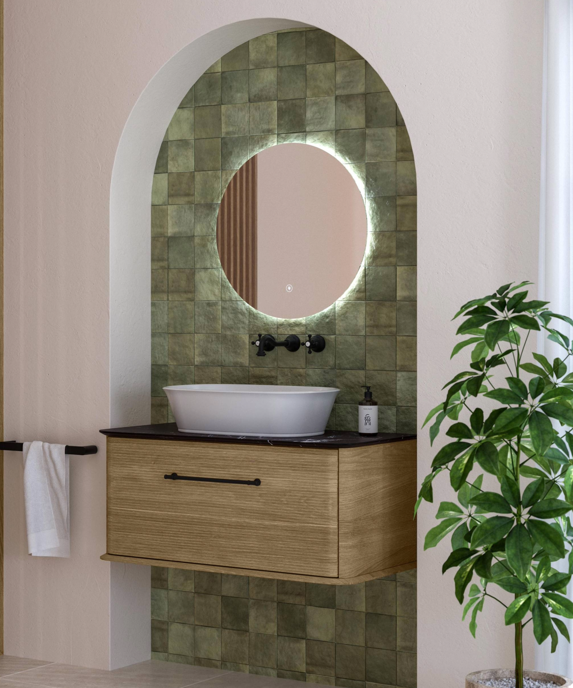 Tile idea for small bathroom where the basin and mirror is placed inside an alcove