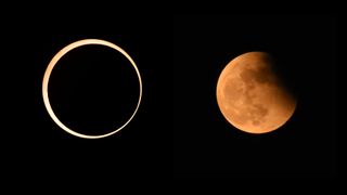 Two panel image showing an annular solar eclipse (left) and a partial lunar eclipse (right) 