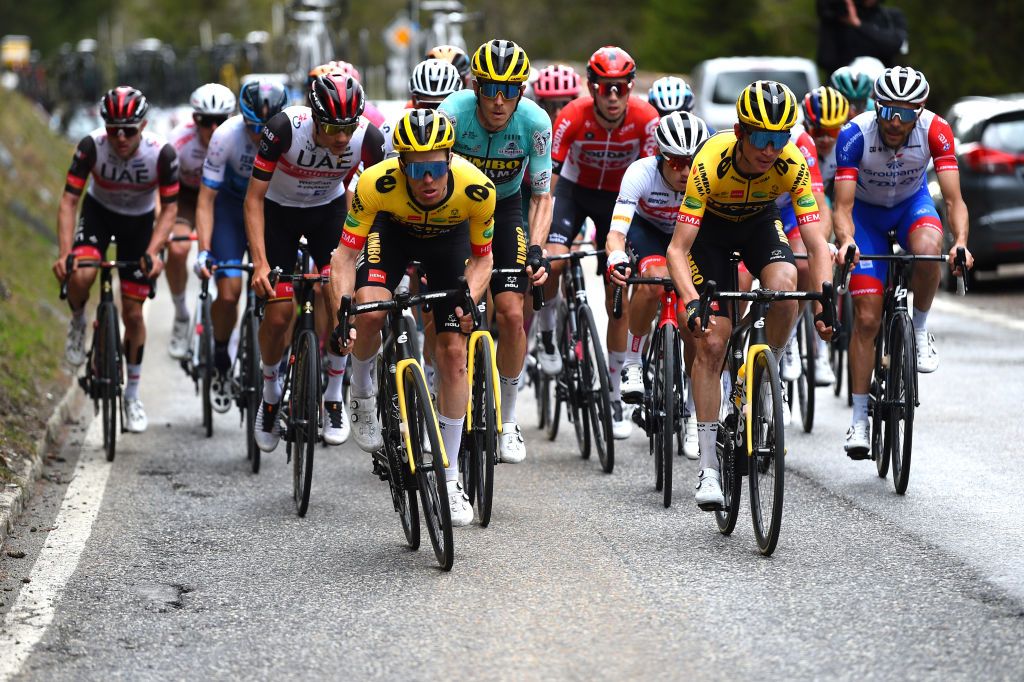 ZINAL VAL DANNIVIERS SWITZERLAND APRIL 30 LR Steven Kruijswijk of Netherlands Rohan Dennis of Australia Turquoise Leader Jersey Sepp Kuss of United States and Team Jumbo Visma and Thibaut Pinot of France and Team Groupama FDJ lead the peloton during the 75th Tour De Romandie 2022 Stage 4 a 1801km stage from Aigle to Zinal Val dAnniviers 1664m TDR2022 on April 30 2022 in Zinal Val dAnniviers Switzerland Photo by Dario BelingheriGetty Images