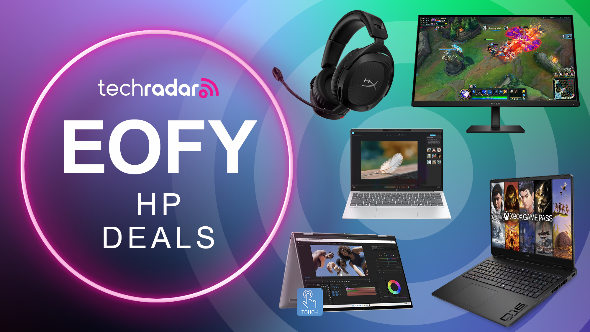 EOFY HP deals with techradar logo and HP laptops monitors and accessories