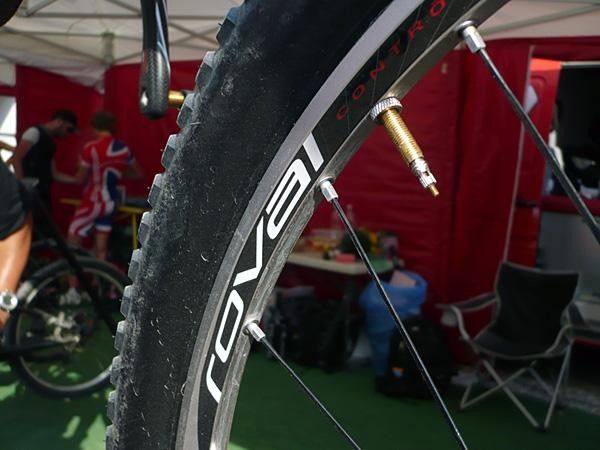 The rim on Sauser's new Roval wheels looks to be about the same as last year but the hubs now boast carbon shells and the spokes are bladed.
