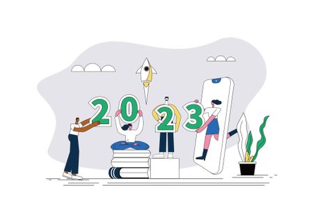 2023 review illustration with apps, books and showing growth