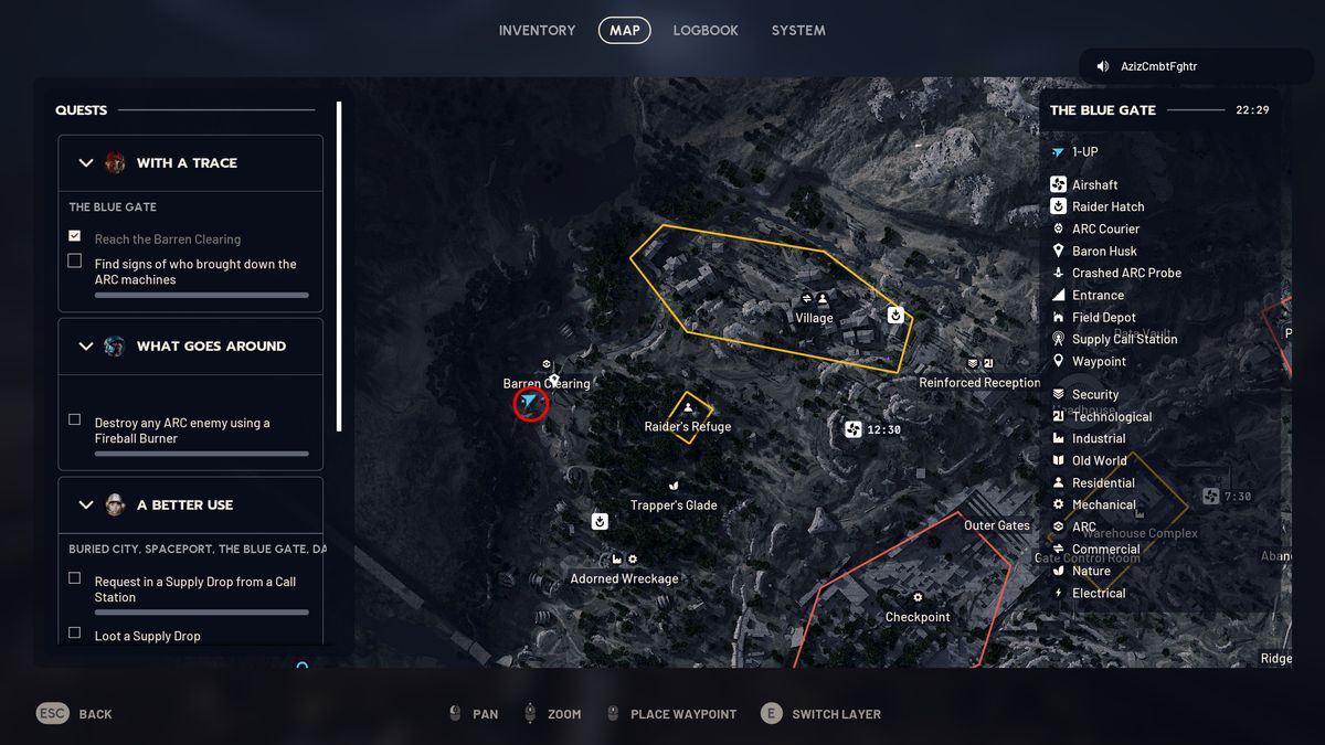 Arc Raiders With a Trace: A map with a red circle pinpointing a location in Barren Clearing on Blue Gate.