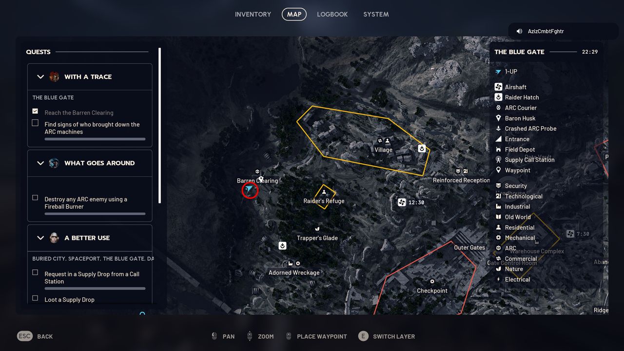 Arc Raiders With a Trace: A map with a red circle pinpointing a location in Barren Clearing on Blue Gate.