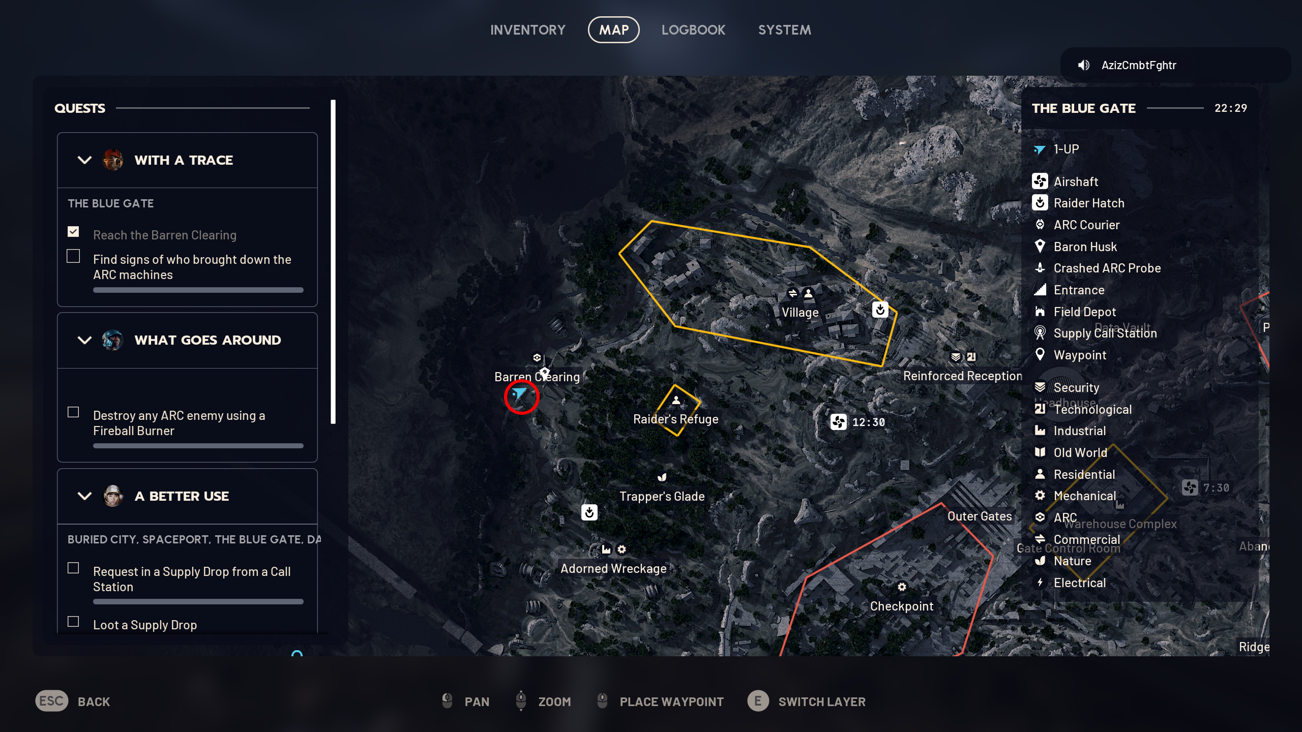 Arc Raiders With a Trace: A map with a red circle pinpointing a location in Barren Clearing on Blue Gate.