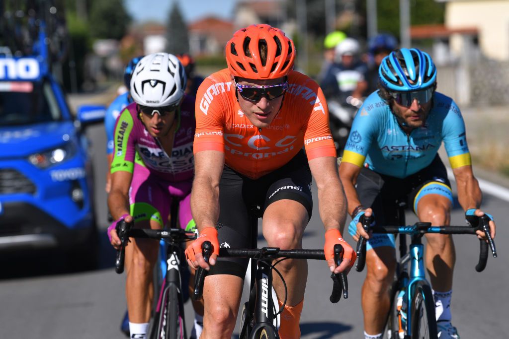 TURIN ITALY AUGUST 05 Alessandro Tonelli of Italy and Team Bardiani Csf Faizane Gijs Van Hoecke of Belgium and CCC Team Manuele Boaro of Italy and Astana Pro Team Breakaway during the 101st Milano Torino 2020 a 198km race from Mesero to Stupinigi Turin MilanoTorino on August 05 2020 in Stupinigi Turin Italy Photo by Tim de WaeleGetty Images