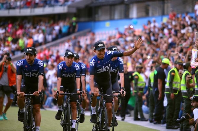 Egan Bernal is all smiles as he and his Sky teammates enter the stadium