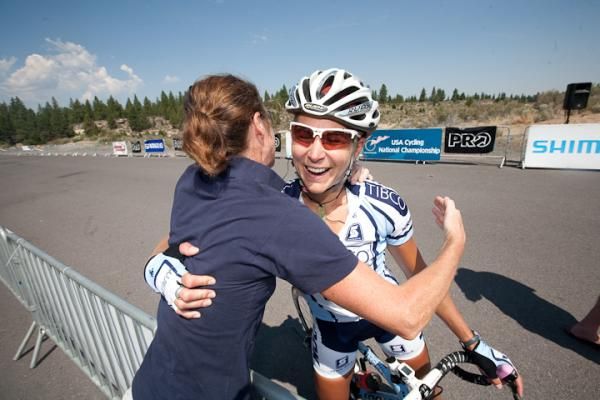 Meredith Miller (Team TIBCO) is congratulated after winning the women's elite road race.