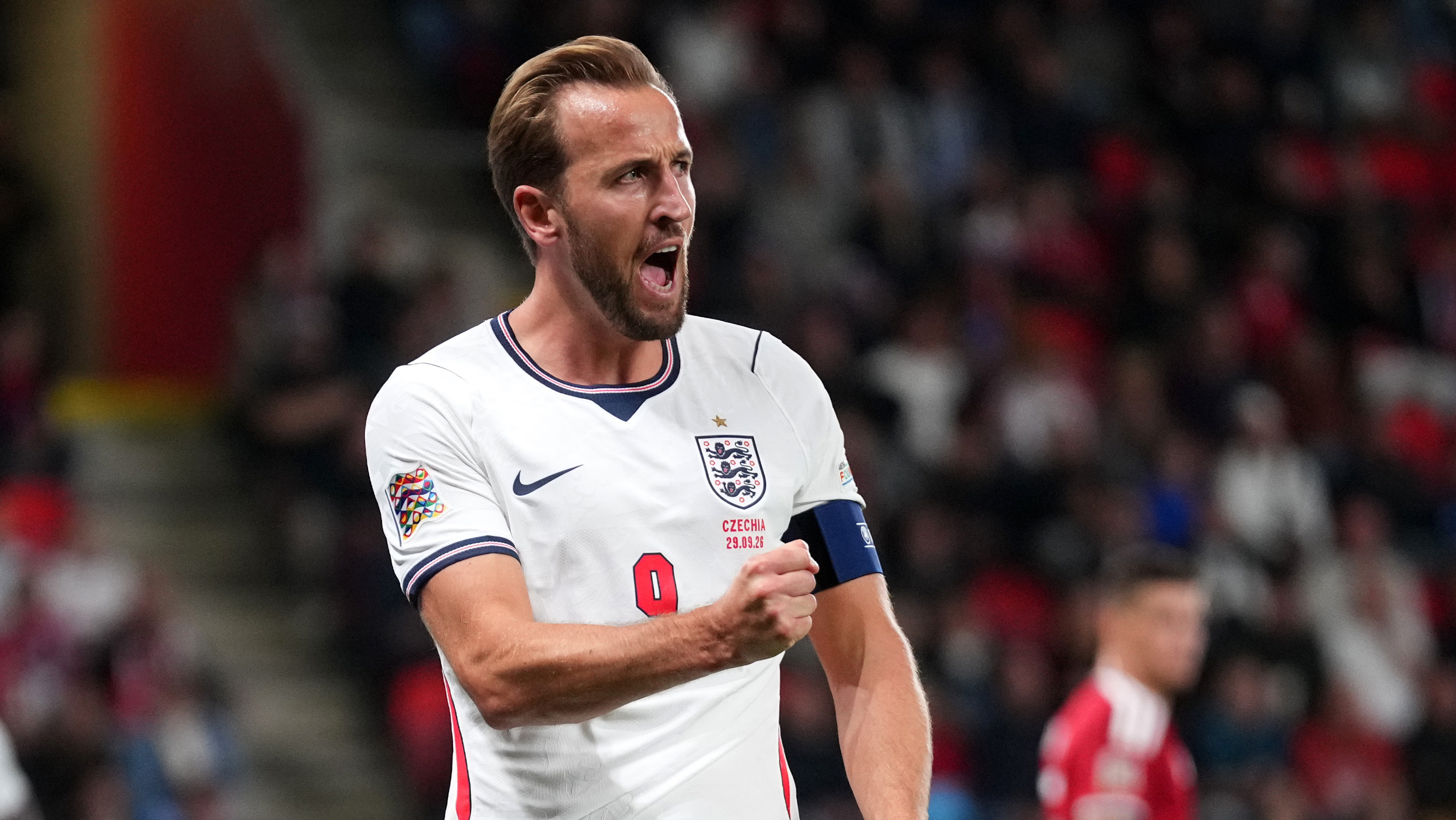 Harry Kane celebrates a goal for England against Czechia in the Nations League in September 2026