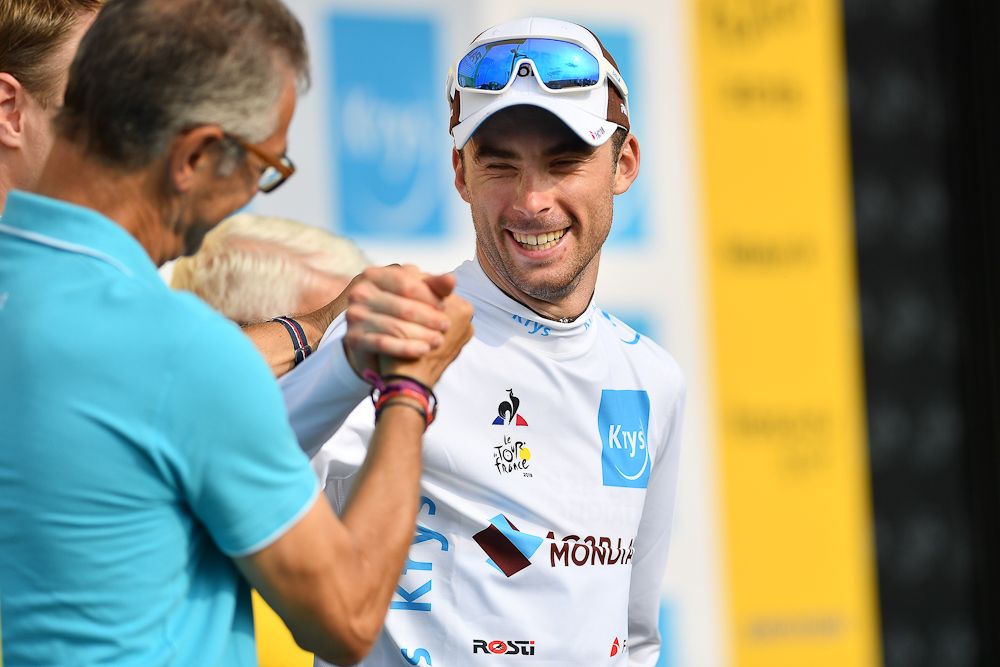 Pierre Latour in white after stage 18 at the Tour de France