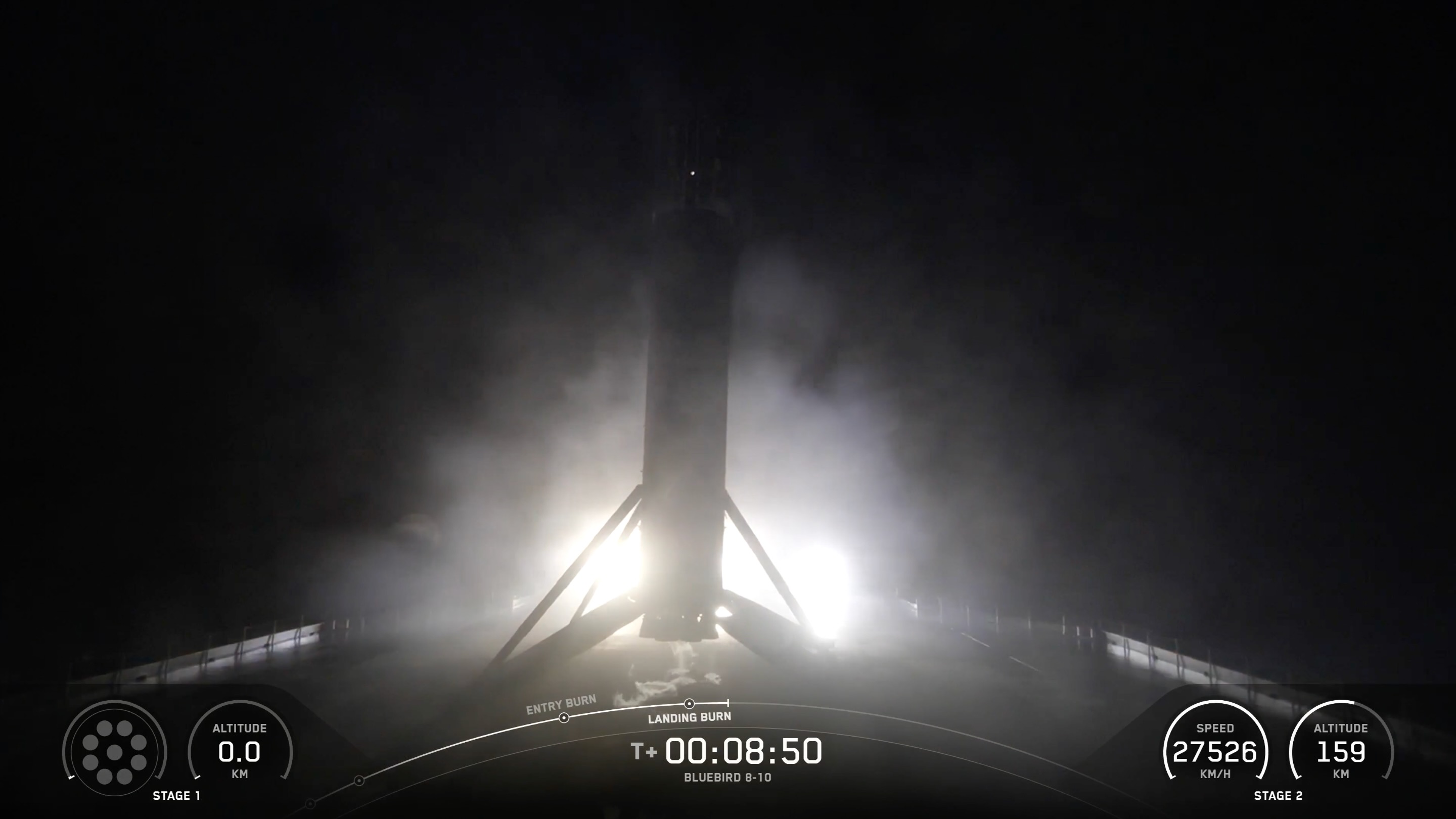 Primeiro estágio do Falcon 9 da SpaceX pousando no navio de recuperação após lançar os satélites BlueBird da AST SpaceMobile