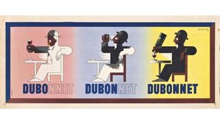 Advertisements for Dubonnet featuring three stages of a man drinking wine