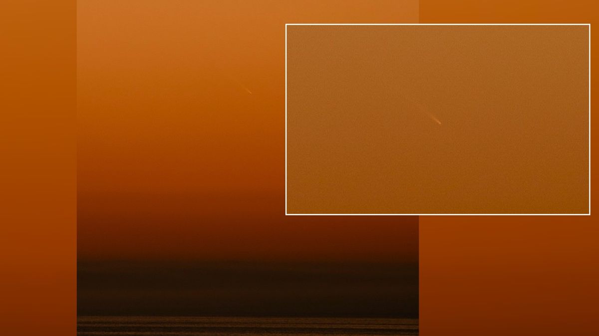 comet g3 atlas in an orange sky at dusk above water, an inset image shows the comet close up.