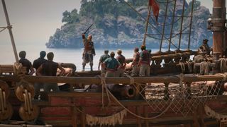 Edward Kenway standing on a ship addressing his crew and rallying them as he lifts a weapon in the air in Assassin's Creed Black Flag Resynced