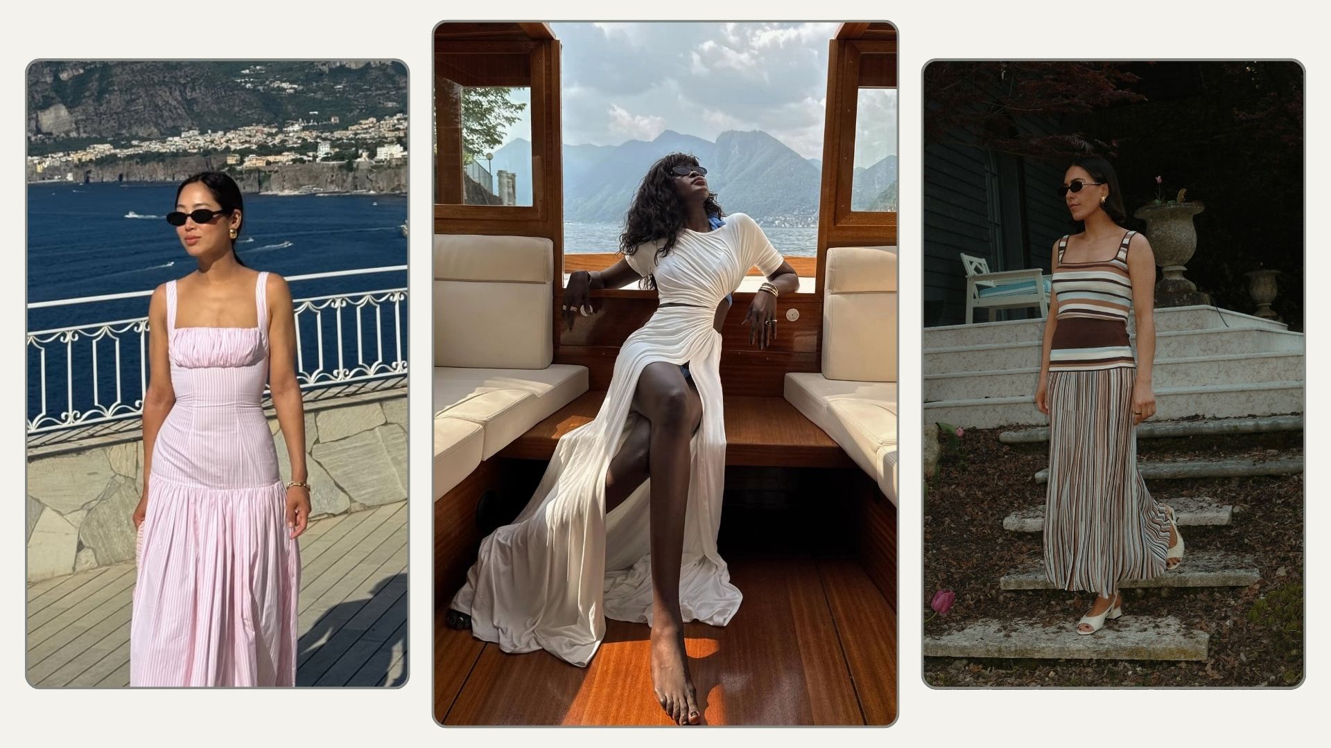 Woman wears pink dress; woman wears white dress; woman wears striped dress 