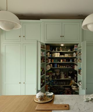 green kitchen cabinetry with built in pantry showing shelving and items, kitchen island in foreground