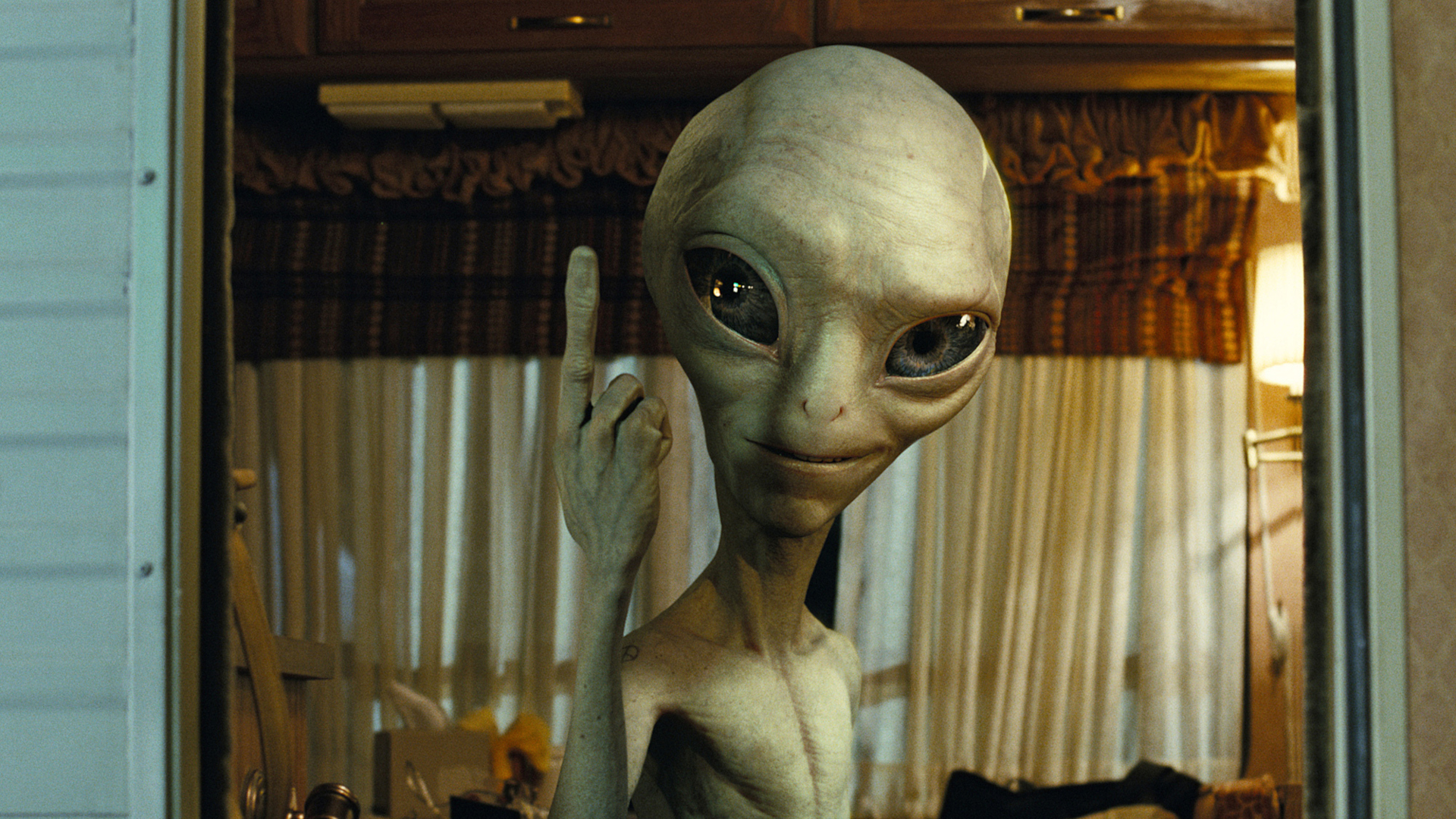 A still from the science fiction comedy film PAUL about an alien voiced by actor Seth Rogen.