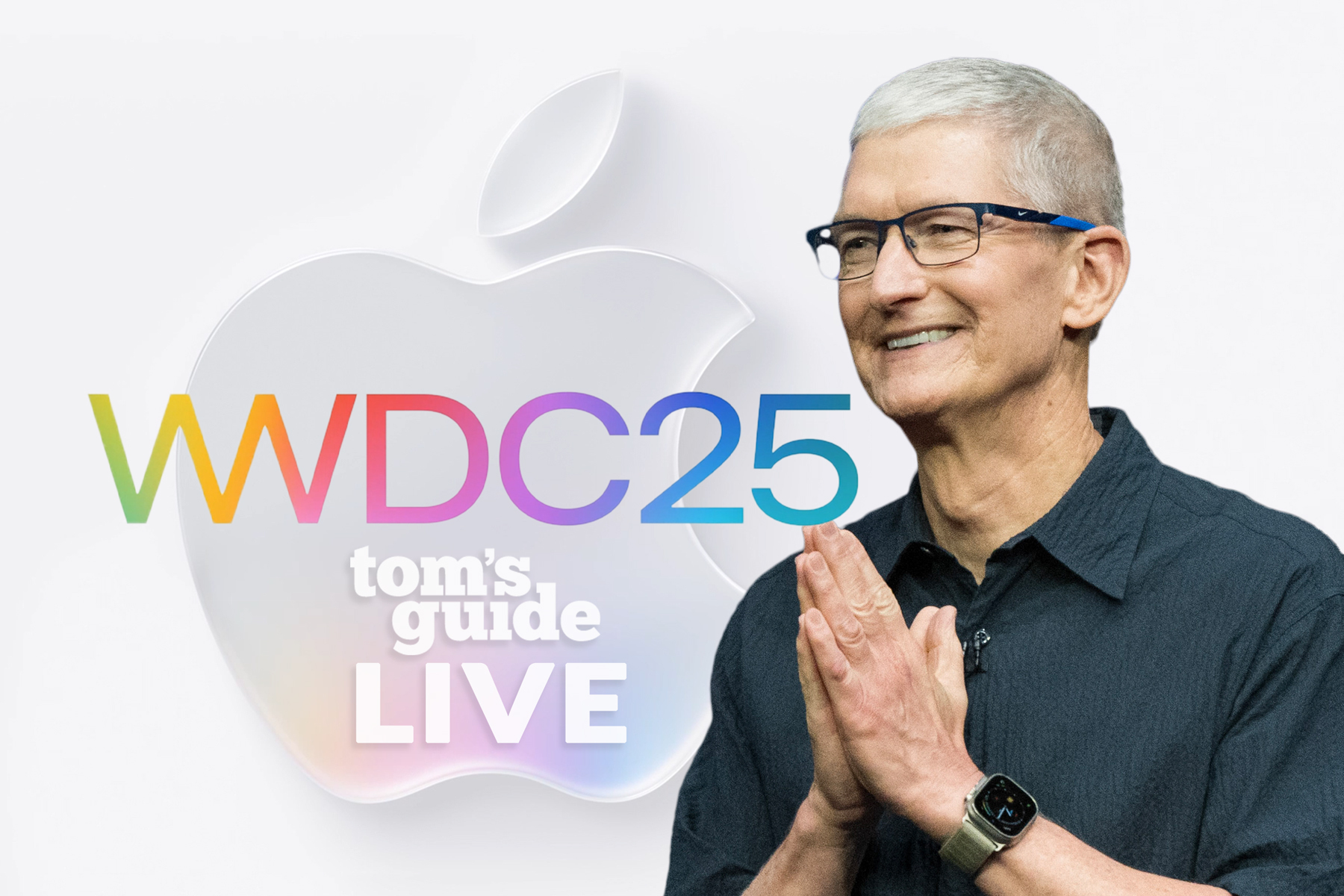 Tim Cook in front of an Apple logo with WWDC 25 logo