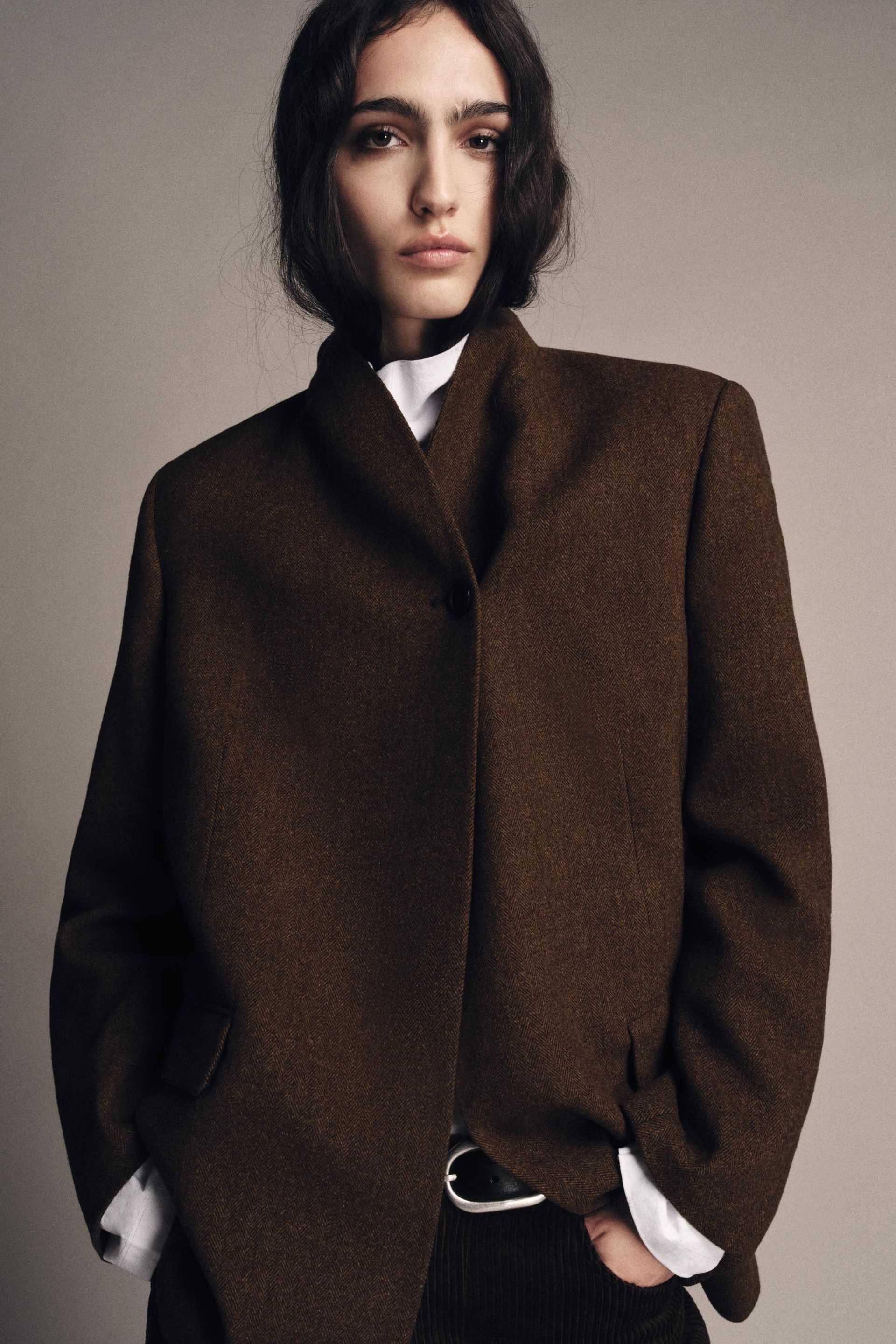 Herringbone Wool Blend Blazer Zw Collection