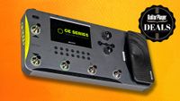 A Mooer GE1000 multi-effects pedal on an orange background