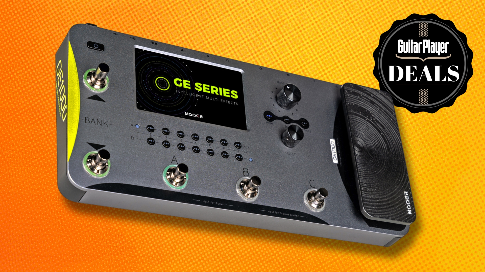 A Mooer GE1000 multi-effects pedal on an orange background