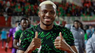 Victor Osimhen celebrates after the Africa Cup of Nations (CAN) Group C football match between Nigeria and Tunisia at Fez Stadium in Fez on December 27, 2025.