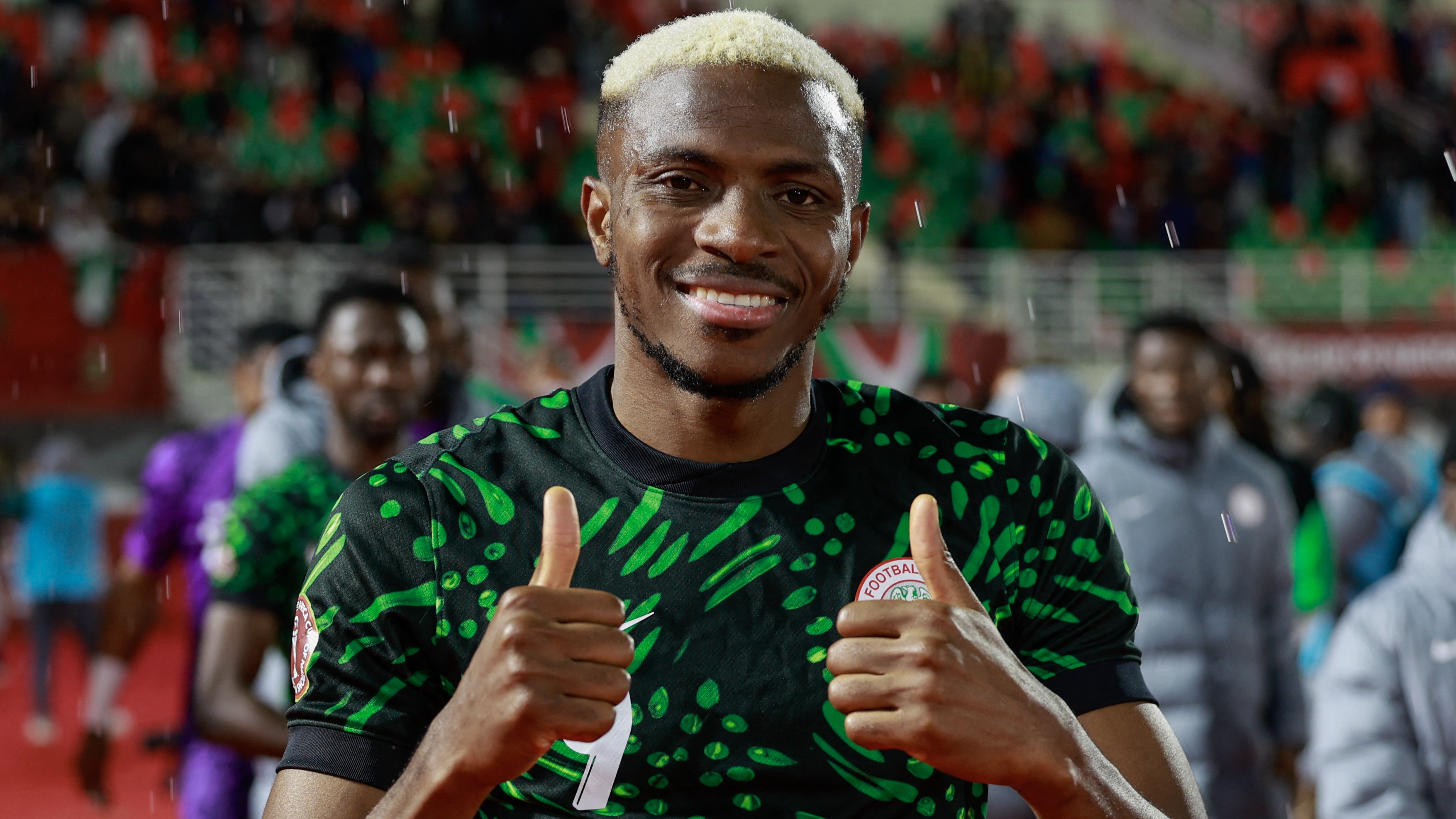 Victor Osimhen celebrates after the Africa Cup of Nations (CAN) Group C football match between Nigeria and Tunisia at Fez Stadium in Fez on December 27, 2025.