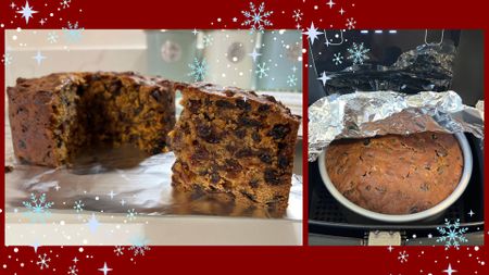 A composite image of two photos - one showing a finished Christmas cake, one showing the cake being baked in an air fryer