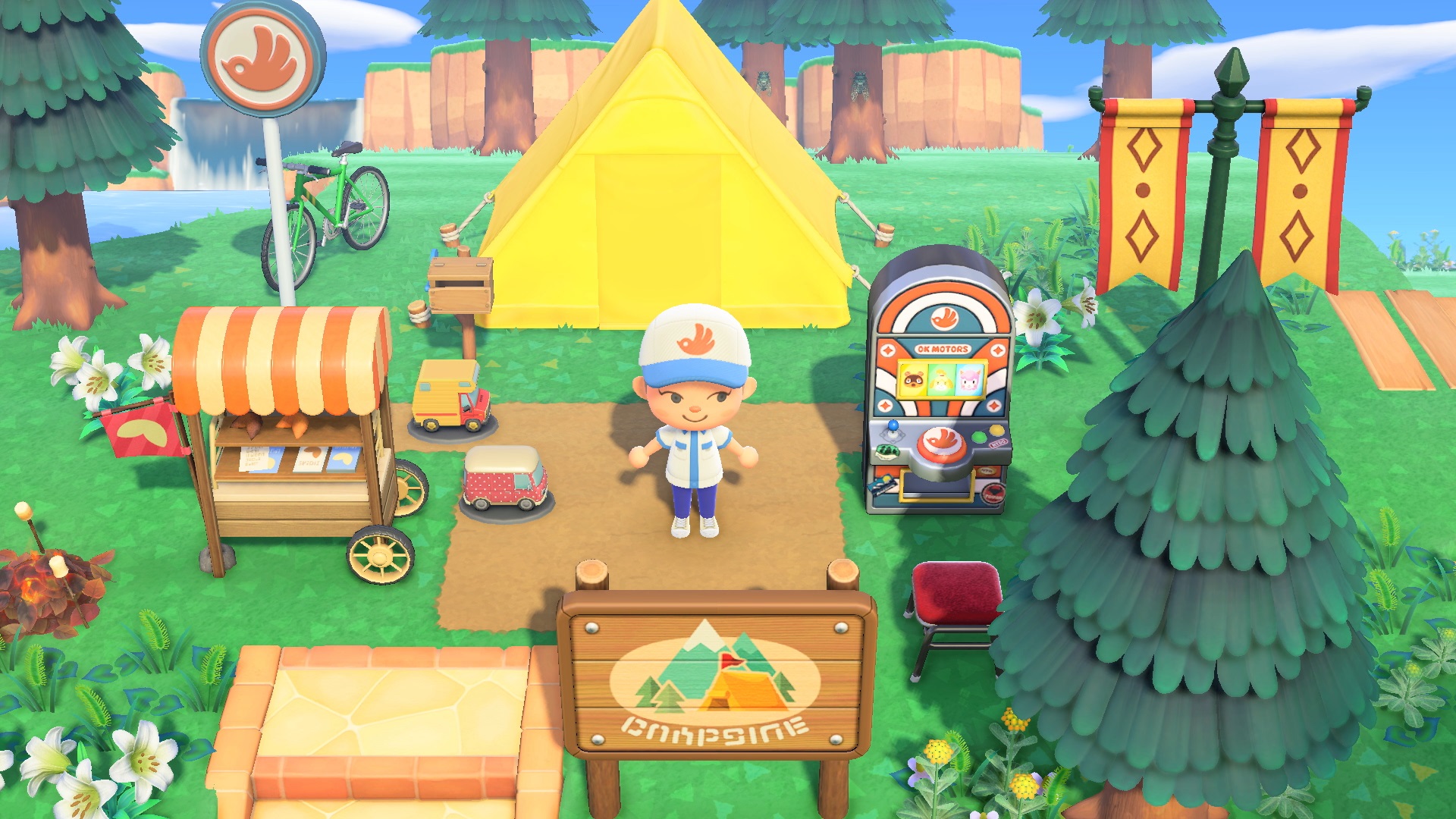 A screenshot from animal crossing new horizons, showing a player stood in the center of their early game camp