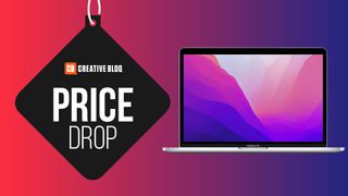 A product image of the MacBook Pro 2022 13-inch on a colourful background with the words price drop