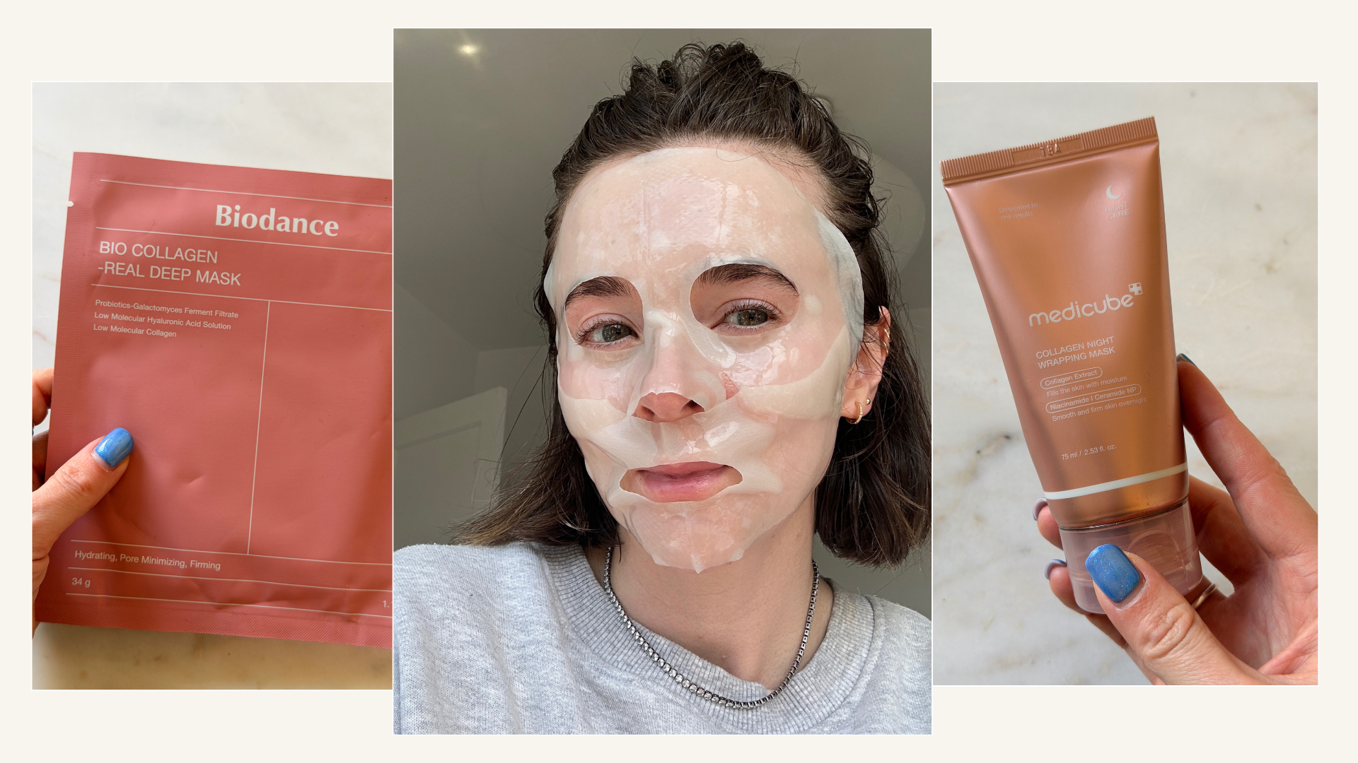 A collage featuring the best collagen face masks, and a selfie of esthetician Grace Day wearing a sheet mask