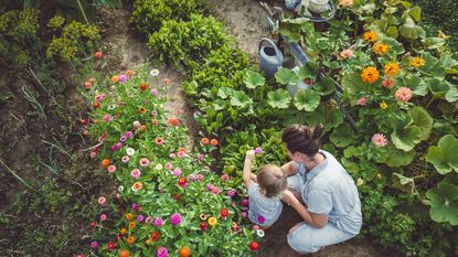 Woman with son tending to a thriving flower and vegetable patch
