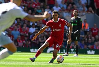 Trent Alexander-Arnold of Liverpool during the Premier League match between Liverpool FC and Aston Villa at Anfield on September 03, 2023 in Liverpool, England. (Photo by John Powell/Liverpool FC via Getty Images)