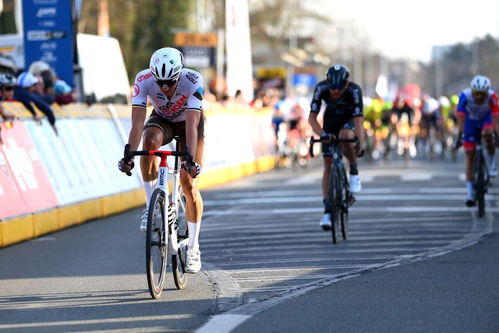 HARELBEKE BELGIUM MARCH 25 Oliver Naesen of Belgium and AG2R Citren Team reacts after cross the finishing line during the 65th E3 Saxo Bank Classic 2022 a 2039km one day race from Harelbeke to Harelbeke E3SaxobankClassic WorldTour on March 25 2022 in Harelbeke Belgium Photo by Tim de WaeleGetty Images