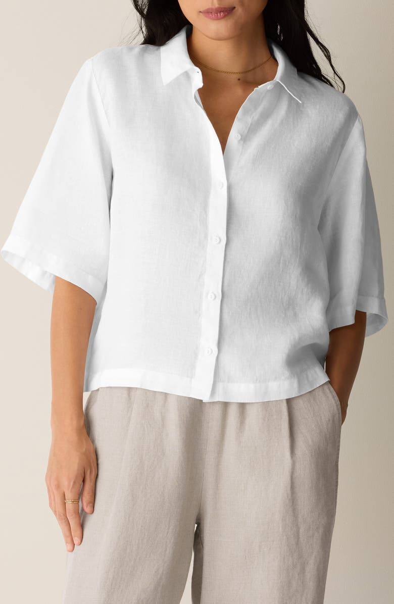 Classic Collar Elbow Sleeve Organic Linen Button-Up Shirt