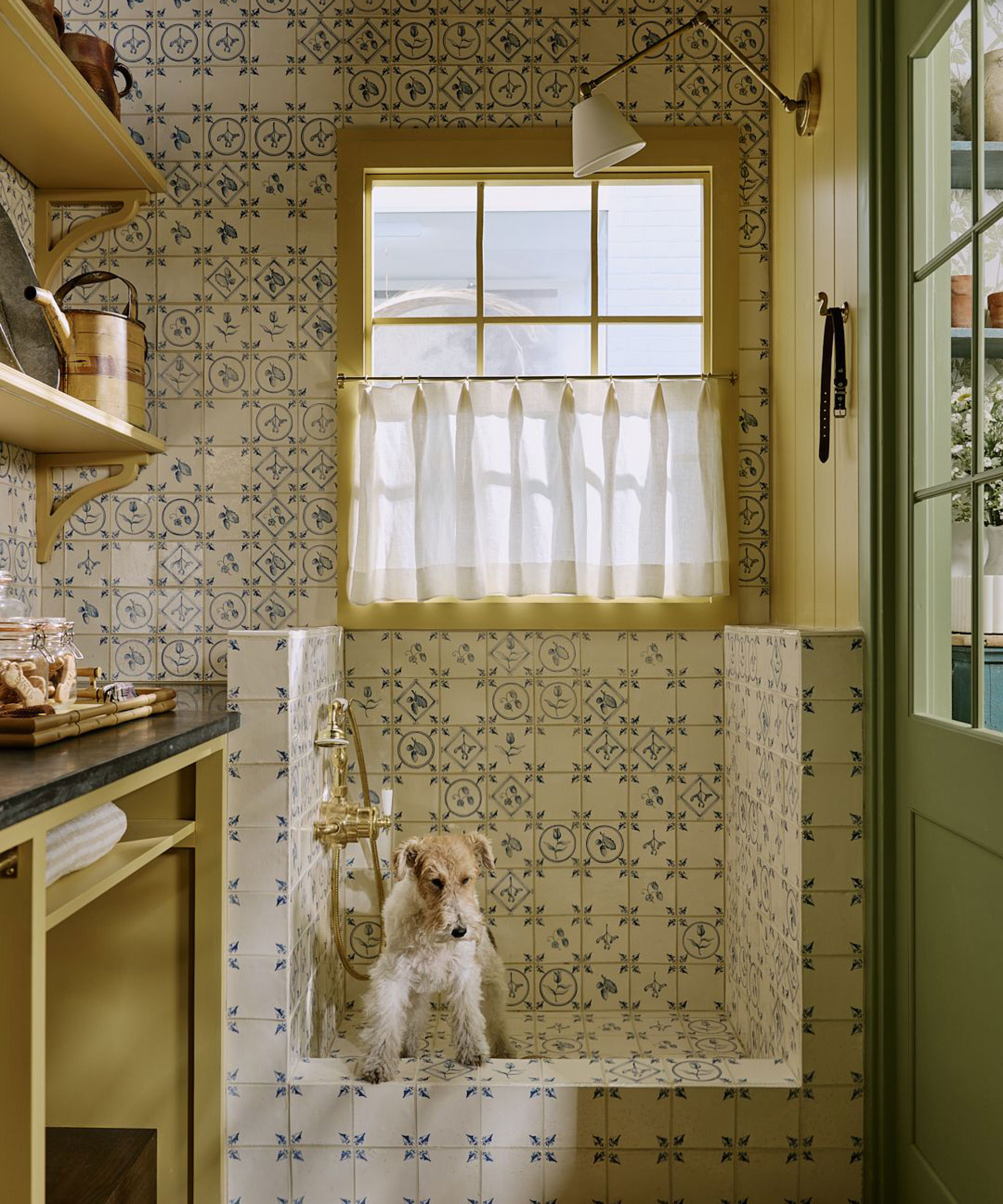 small boot room with dog shower with blue and white tiles