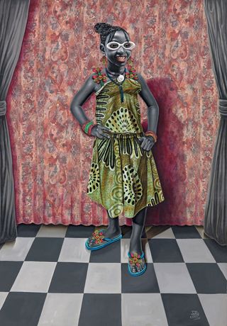 An artistic image of an African female stood in front of a coloured background with drapes to the side