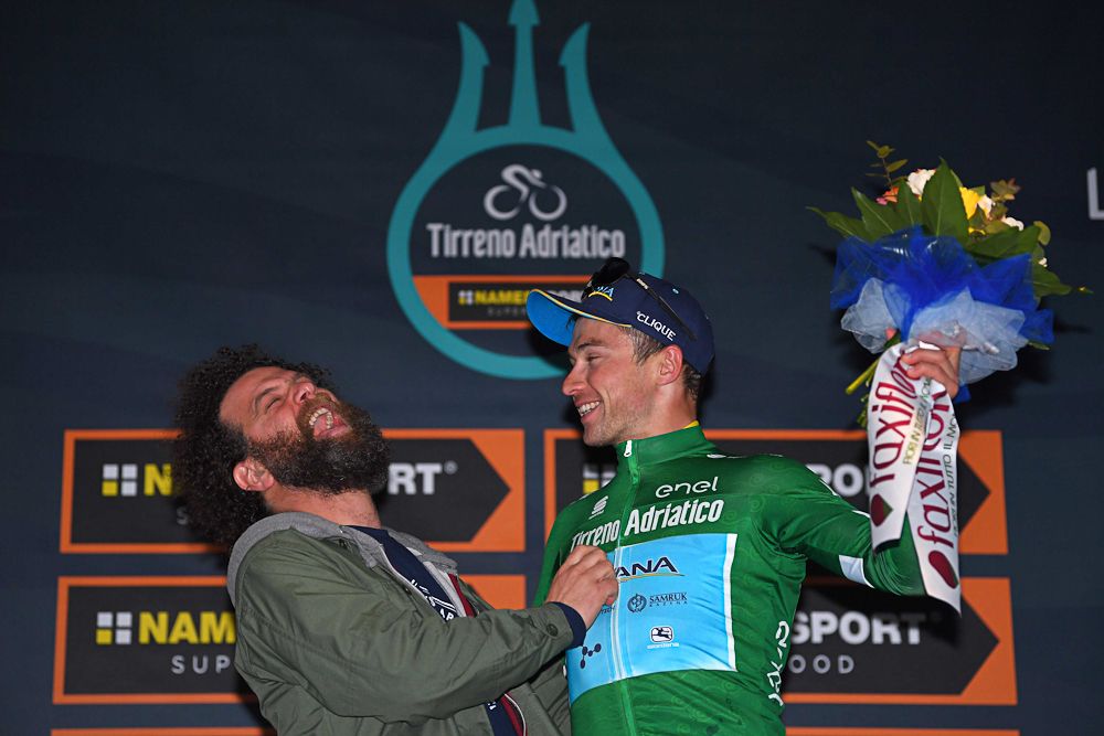 Alexey Lutsenko and Marco Scarponi on the Tirreno-Adriatico podium