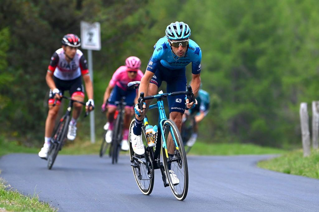 APRICA, ITALY - MAY 24: Vincenzo Nibali of Italy and Team Astana â€“ Qazaqstan competes during the 105th Giro d&#039;Italia 2022, Stage 16 a 202km stage from SalÃ² to Aprica 1173m / #Giro / #WorldTour / on May 24, 2022 in Aprica, Italy. (Photo by Tim de Waele/Getty Images)