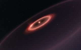 An artist's impression of the newly detected dusty belts around the sun's nearest neighbor, the red dwarf Proxima Centauri, and its potentially rocky world.