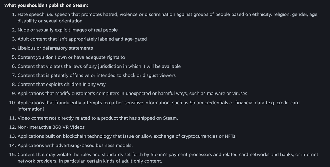 Steam's rules from July 2025, showing a ban of content that might violate payment processor rules.