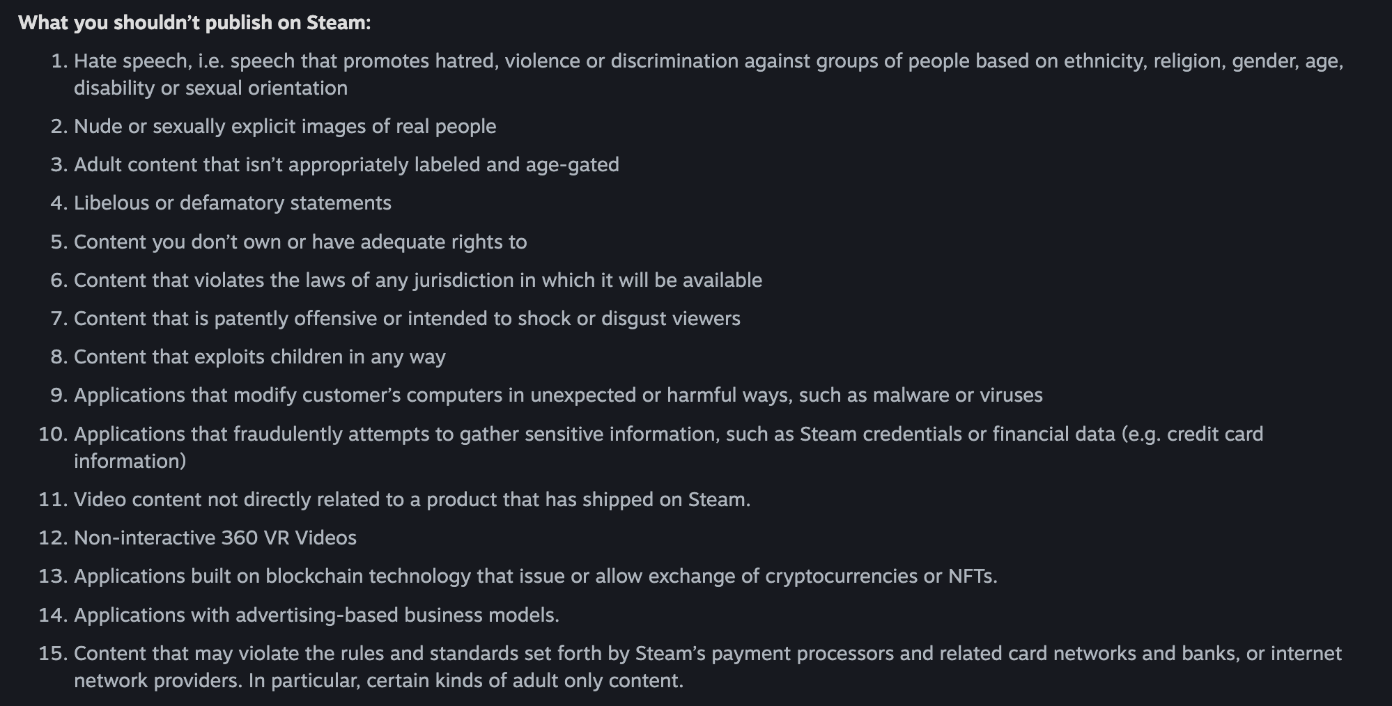 Steam's rules from July 2025, showing a ban of content that might violate payment processor rules.