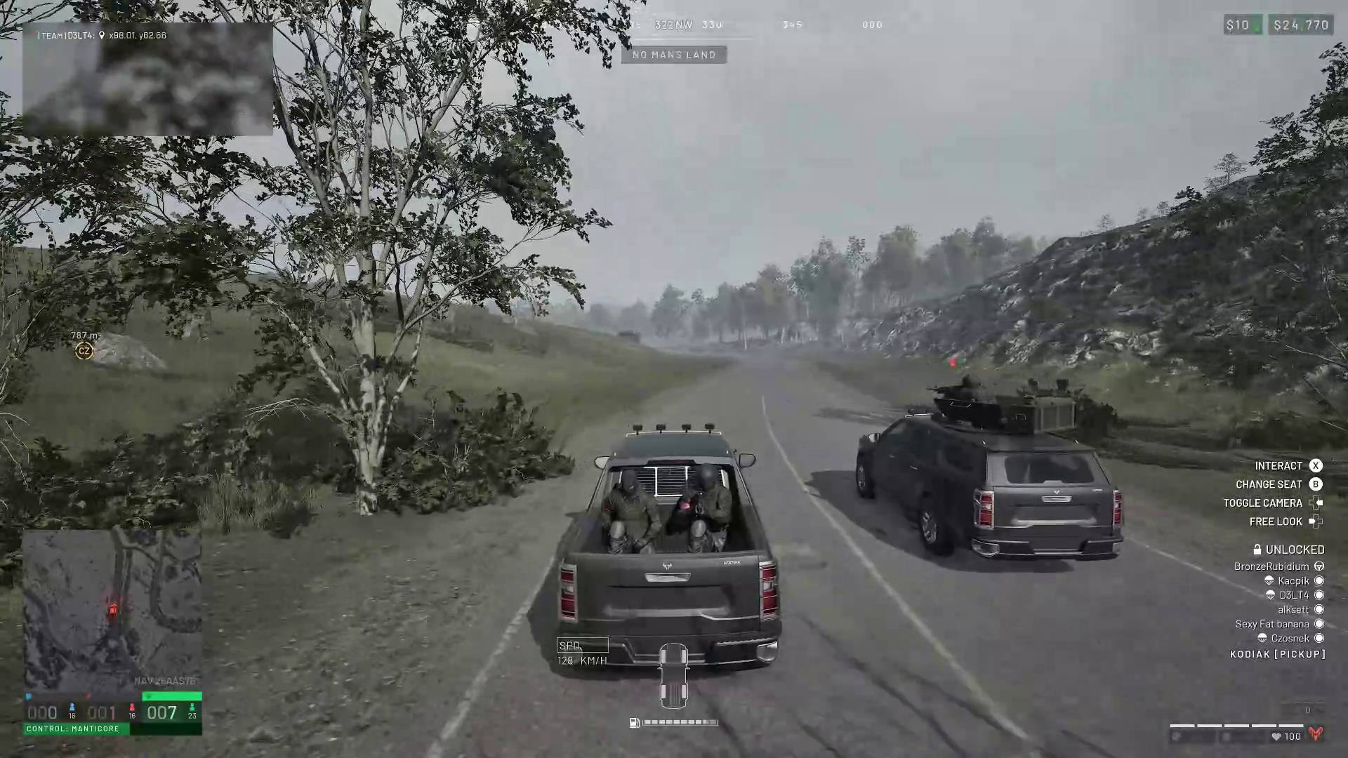 Wardogs player driving Kodiak truck full of passengers with other Kodiak truck with mounted machine gun driving parallel
