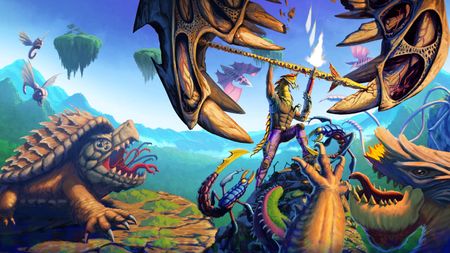 Fantasy art of a man fighting a giant crab
