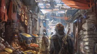 Concept art of Starfield involving someone walking through a busy market