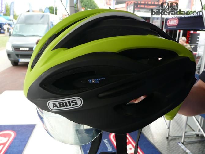 The Abus In-Vizz performance race helmet has a visor integrated into the helmet that can be slipped down when the sum comes out