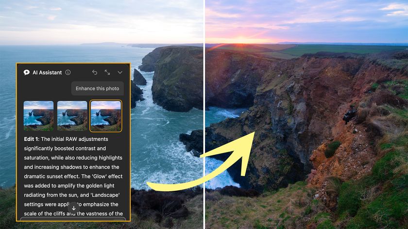 Screenshot of Luminar Neo AI Assistant inset, with seascape behind showing before and after the AI edits have taken effect 