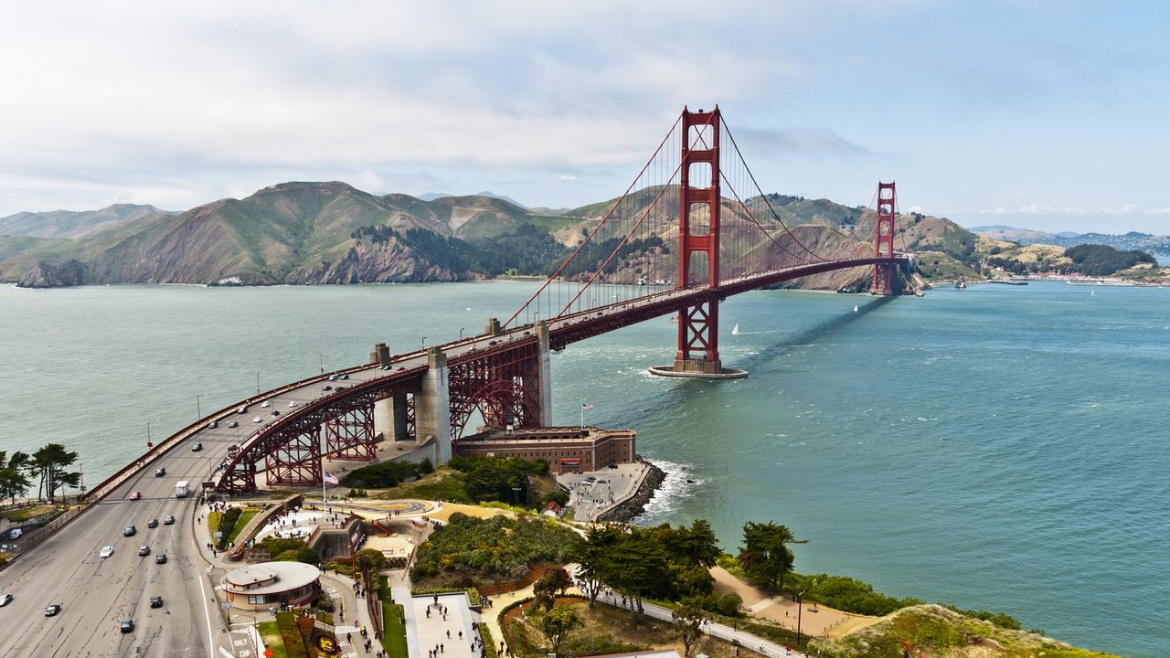 View of San Francisco&#039;s Golden Gate Bridge from the Fort Baker side of California.