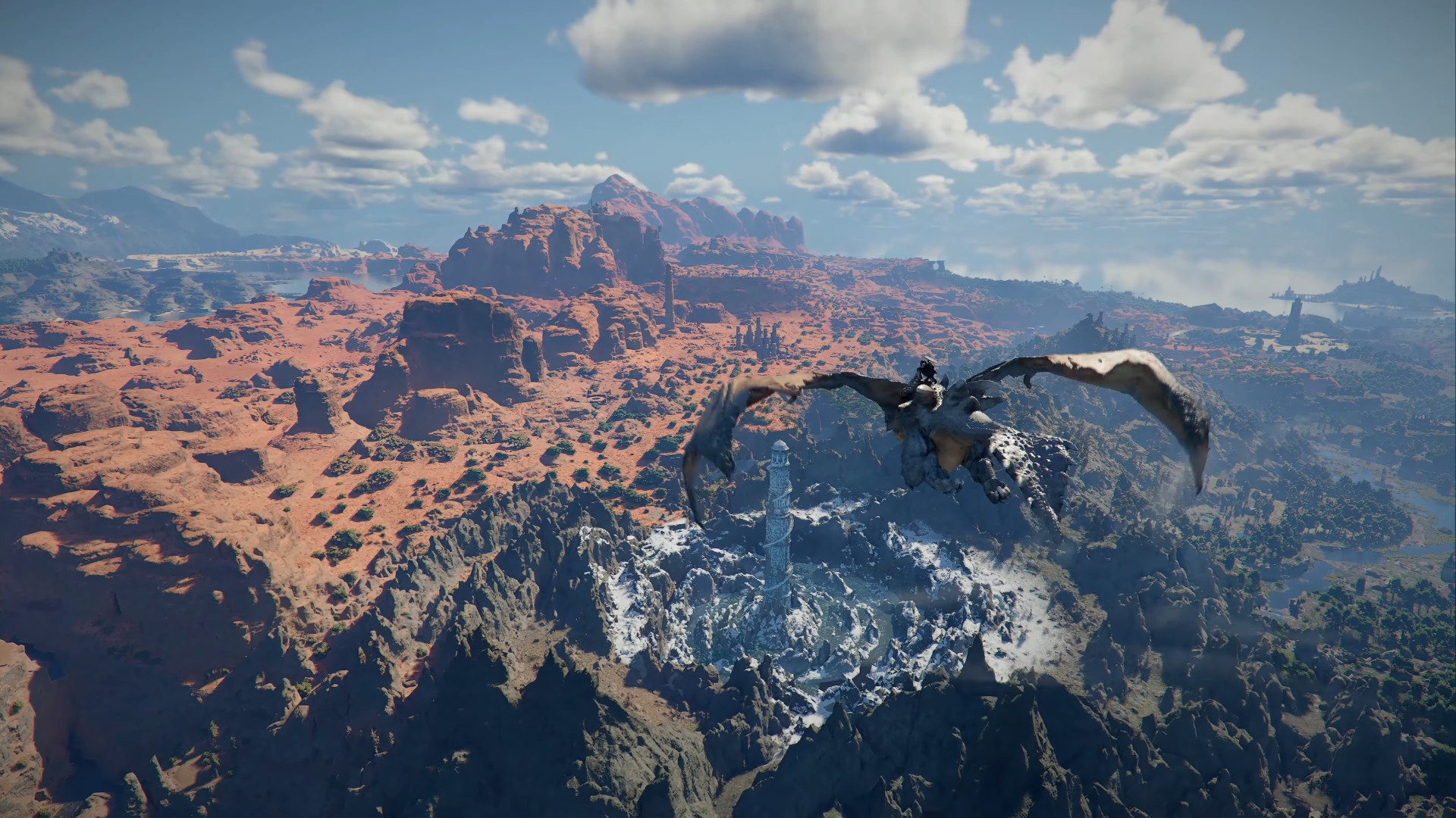 Trailer screenshot of the player riding a dragon in Crimson Desert.